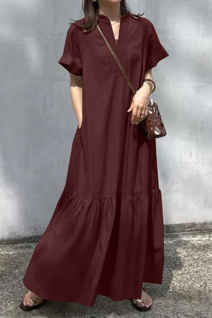 V Neck Short Sleeve A-line Dress Dark Green · S