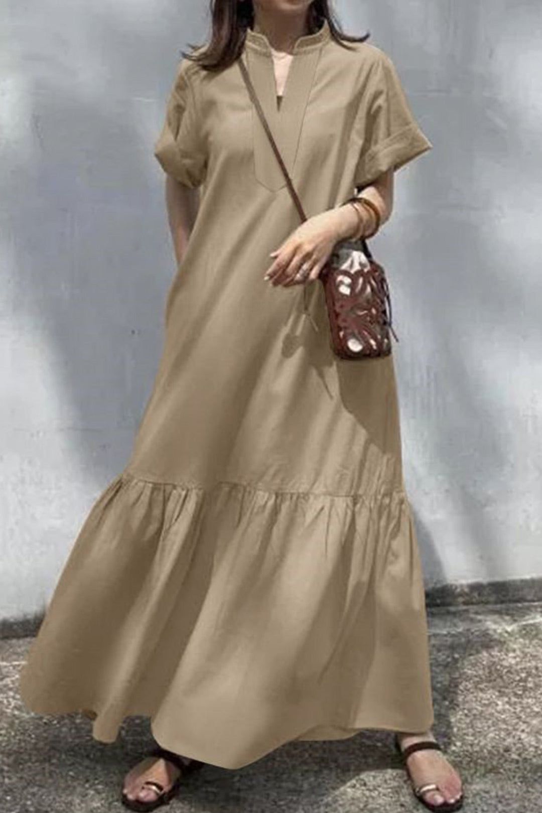 V Neck Short Sleeve A-line Dress