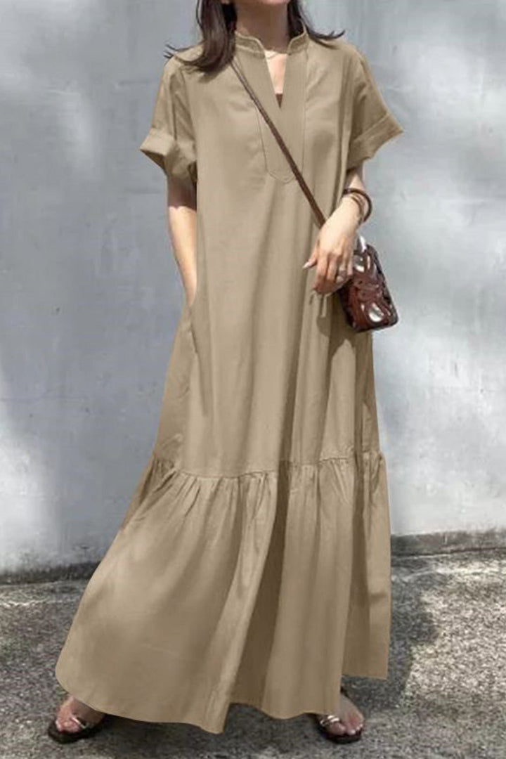 V Neck Short Sleeve A-line Dress Khaki · S