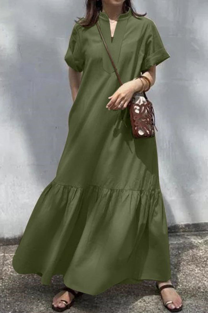 V Neck Short Sleeve A-line Dress Khaki · XL