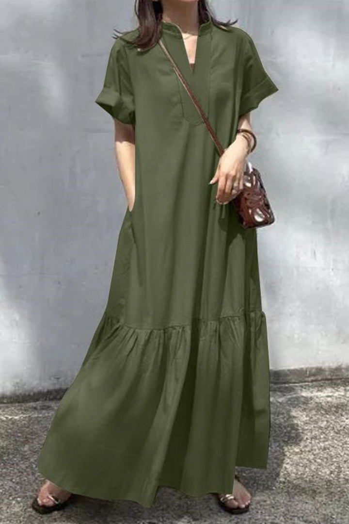 V Neck Short Sleeve A-line Dress Khaki · 2XL