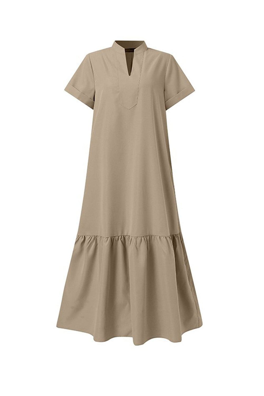 V Neck Short Sleeve A-line Dress Khaki · M