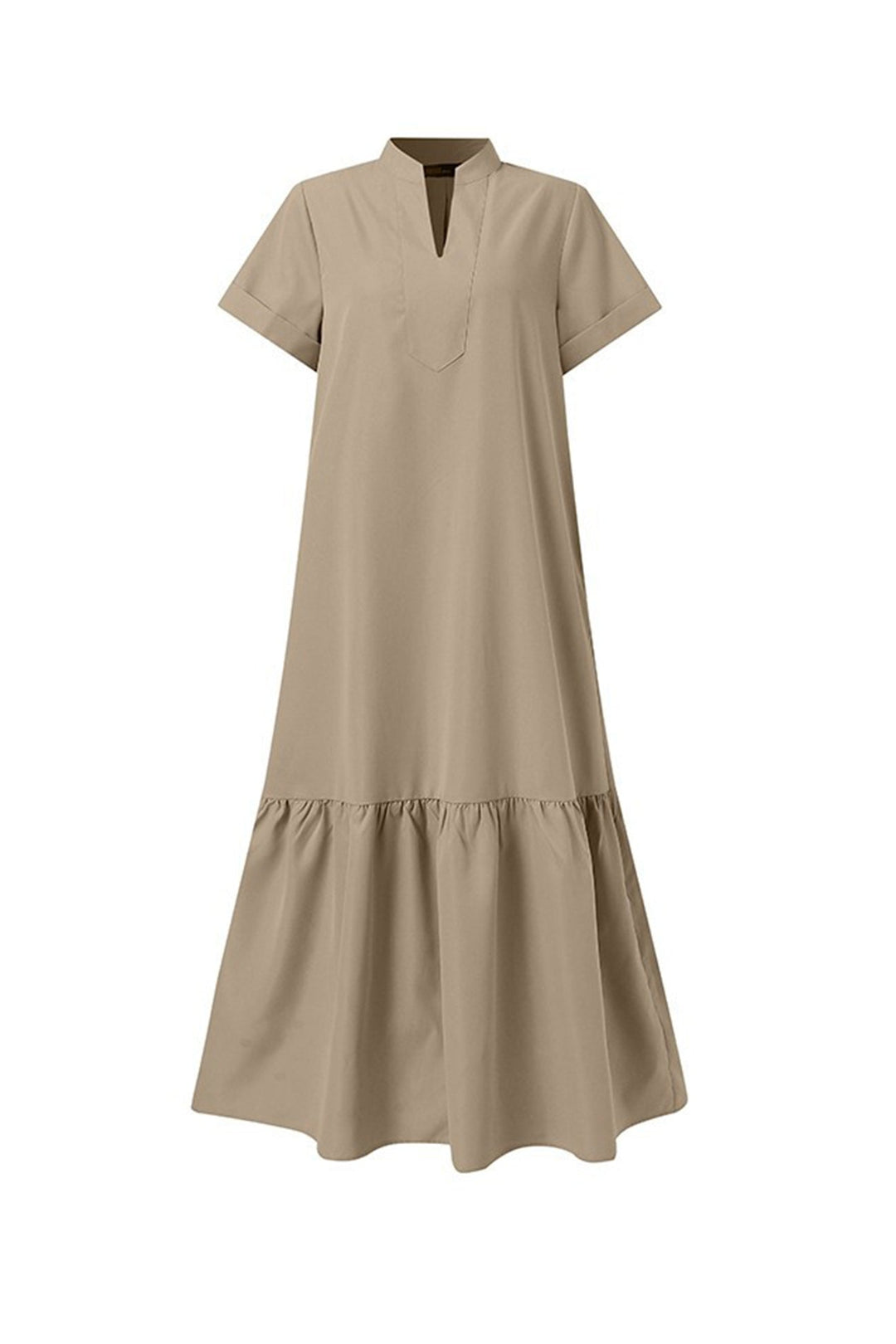 V Neck Short Sleeve A-line Dress Khaki · M