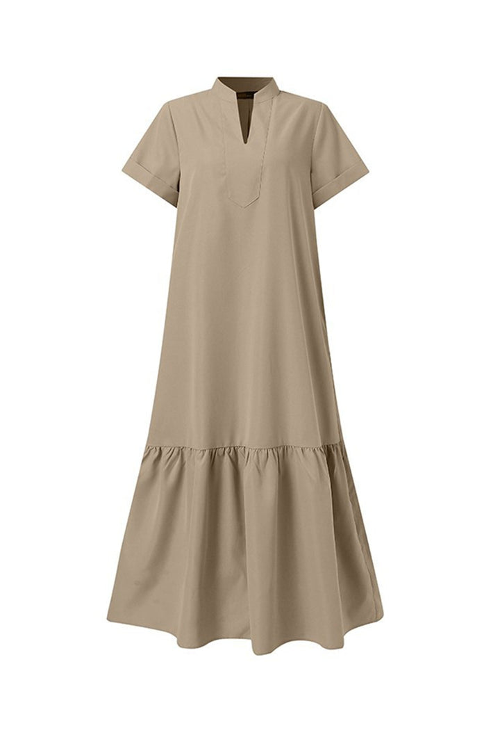 V Neck Short Sleeve A-line Dress Khaki · M