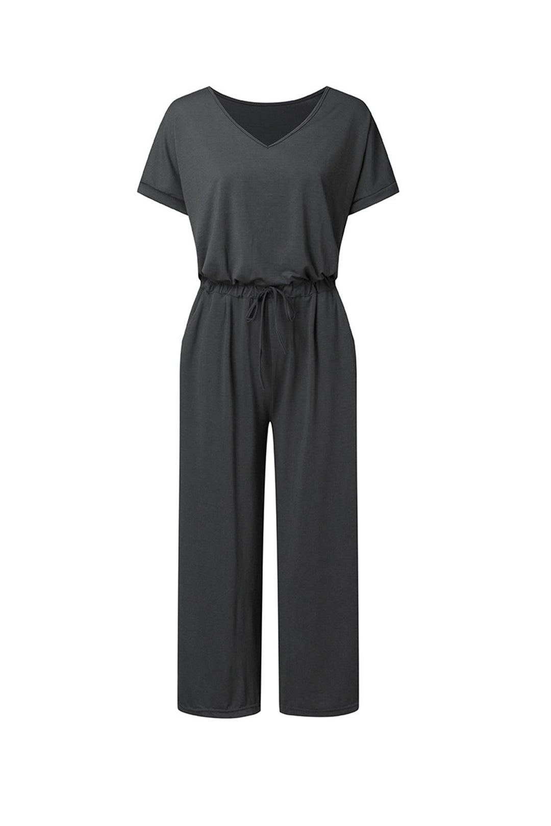 V Neck Short Sleeve Elastic Waist Jumpsuits Dark Grey · L