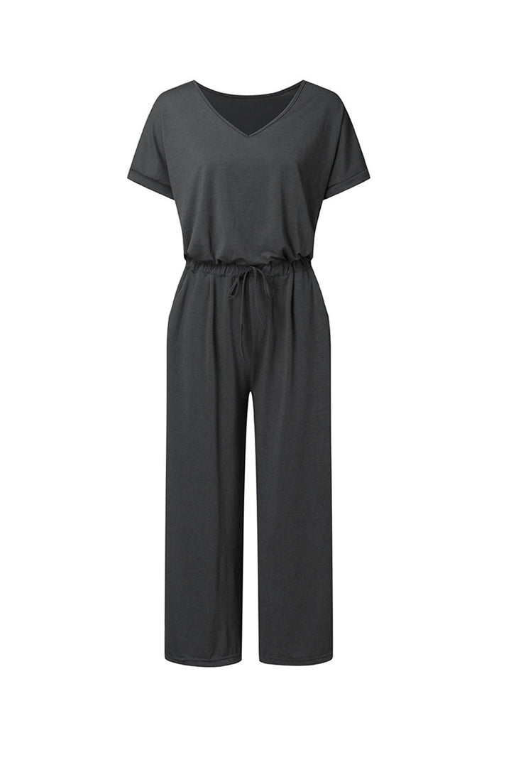 V Neck Short Sleeve Elastic Waist Jumpsuits Dark Grey · L