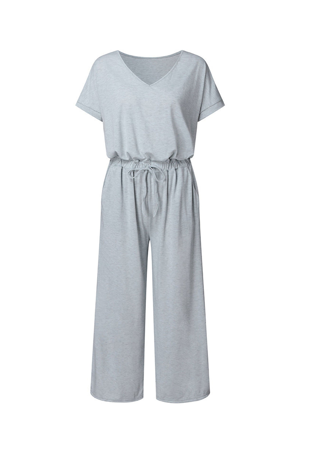 V Neck Short Sleeve Elastic Waist Jumpsuits Light Grey · M
