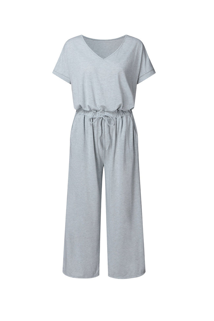 V Neck Short Sleeve Elastic Waist Jumpsuits Light Grey · M