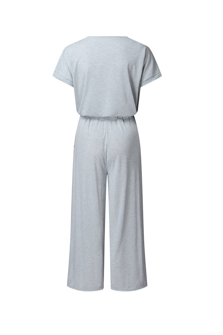V Neck Short Sleeve Elastic Waist Jumpsuits Light Grey · L