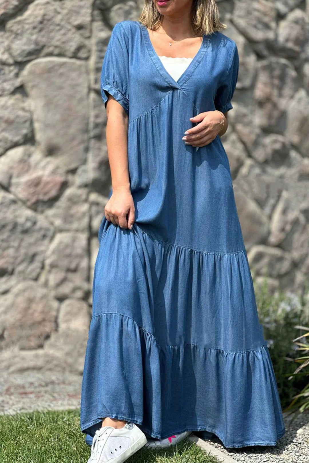 V Neck Short Sleeve Faux Denim Tiered Dress Light Blue · XL