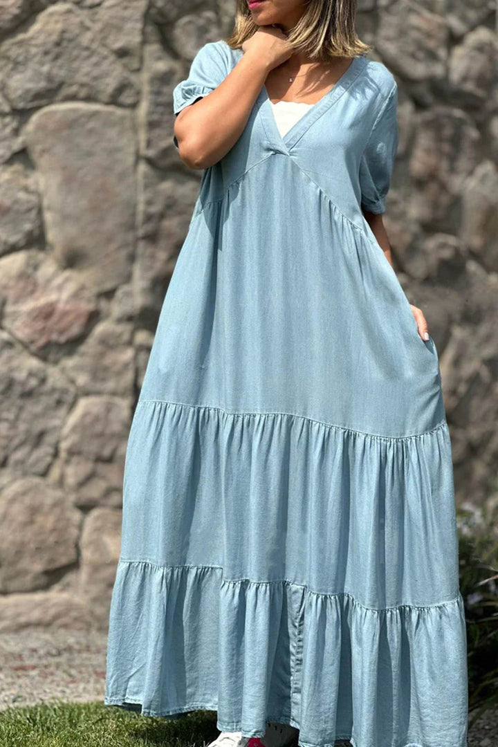 V Neck Short Sleeve Faux Denim Tiered Dress Light Blue · L
