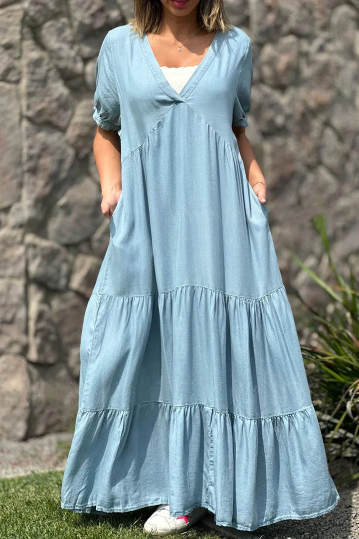 V Neck Short Sleeve Faux Denim Tiered Dress Light Blue · S
