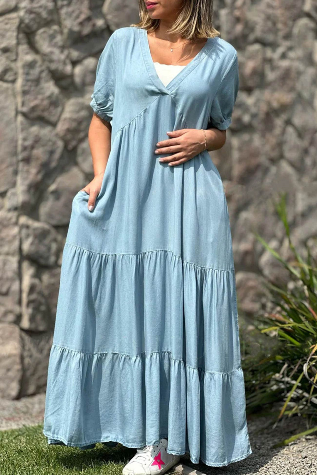 V Neck Short Sleeve Faux Denim Tiered Dress Light Blue · M