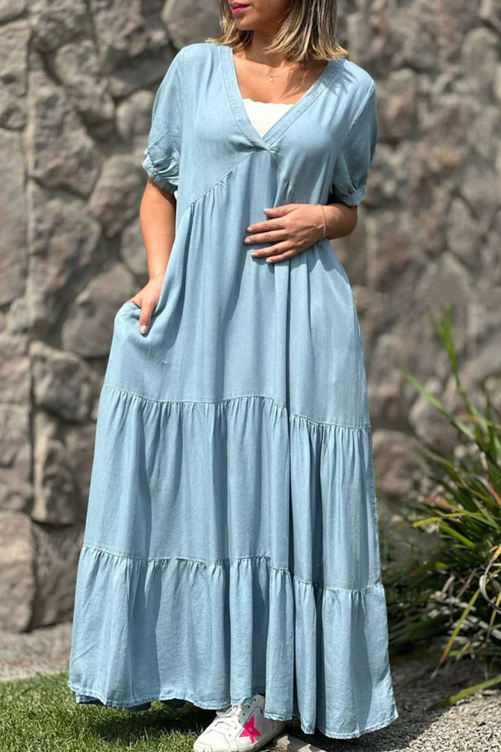 V Neck Short Sleeve Faux Denim Tiered Dress Light Blue · M