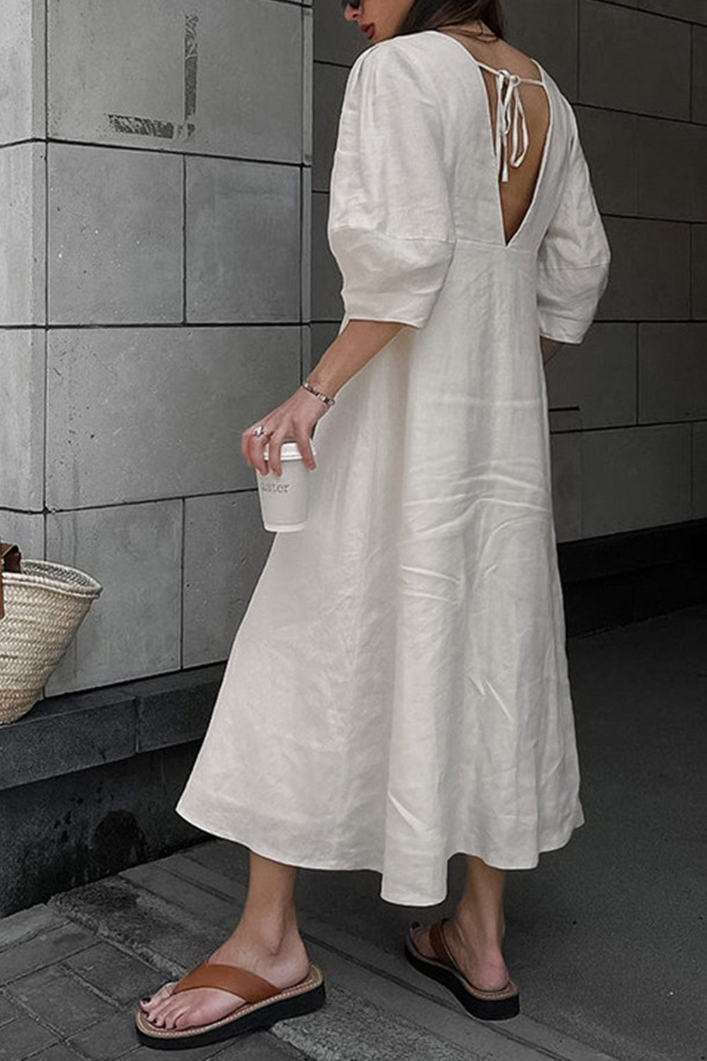 V Neck Single-breasted Cotton Linen A-line Dress Beige · M