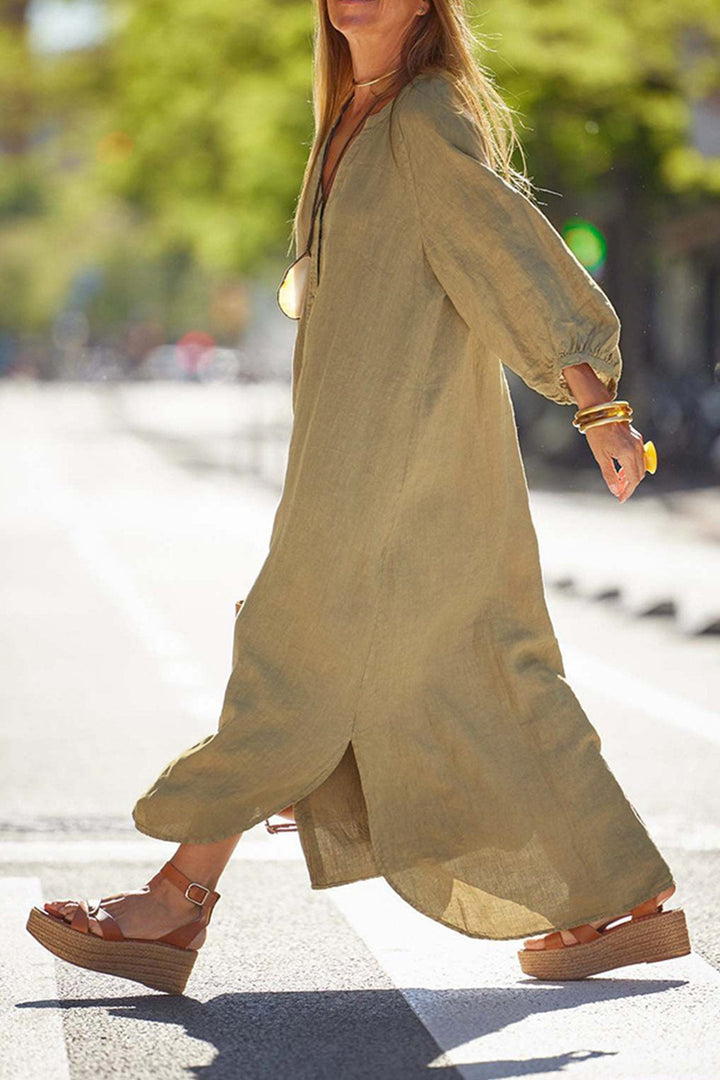 V Neck Single-breasted Long Sleeve Dress Khaki · S