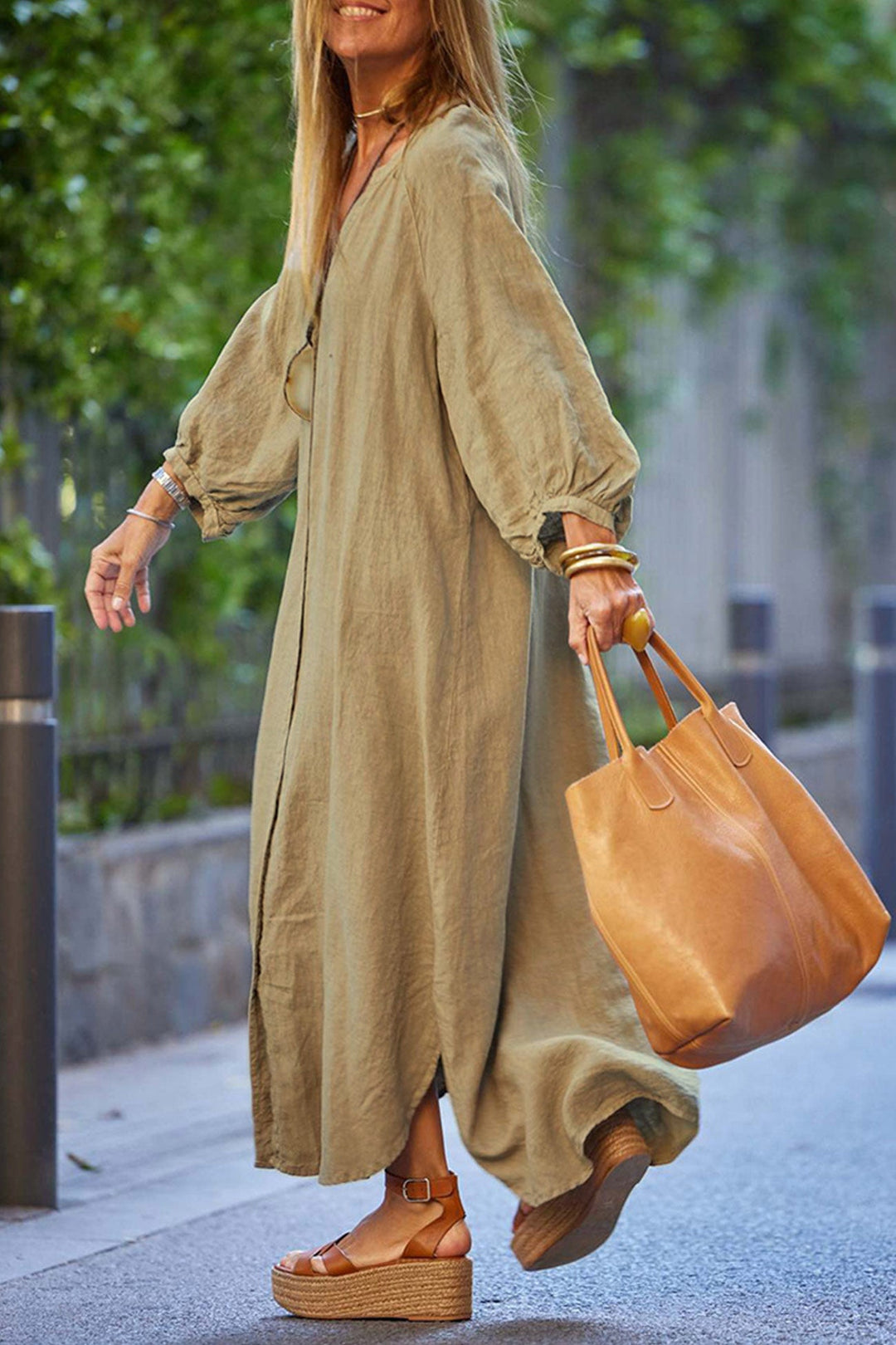 V Neck Single-breasted Long Sleeve Dress Khaki · M