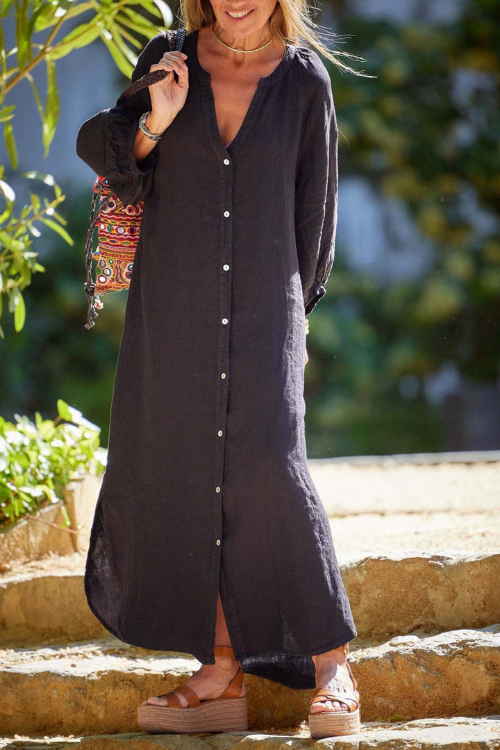 V Neck Single-breasted Long Sleeve Dress White · XL