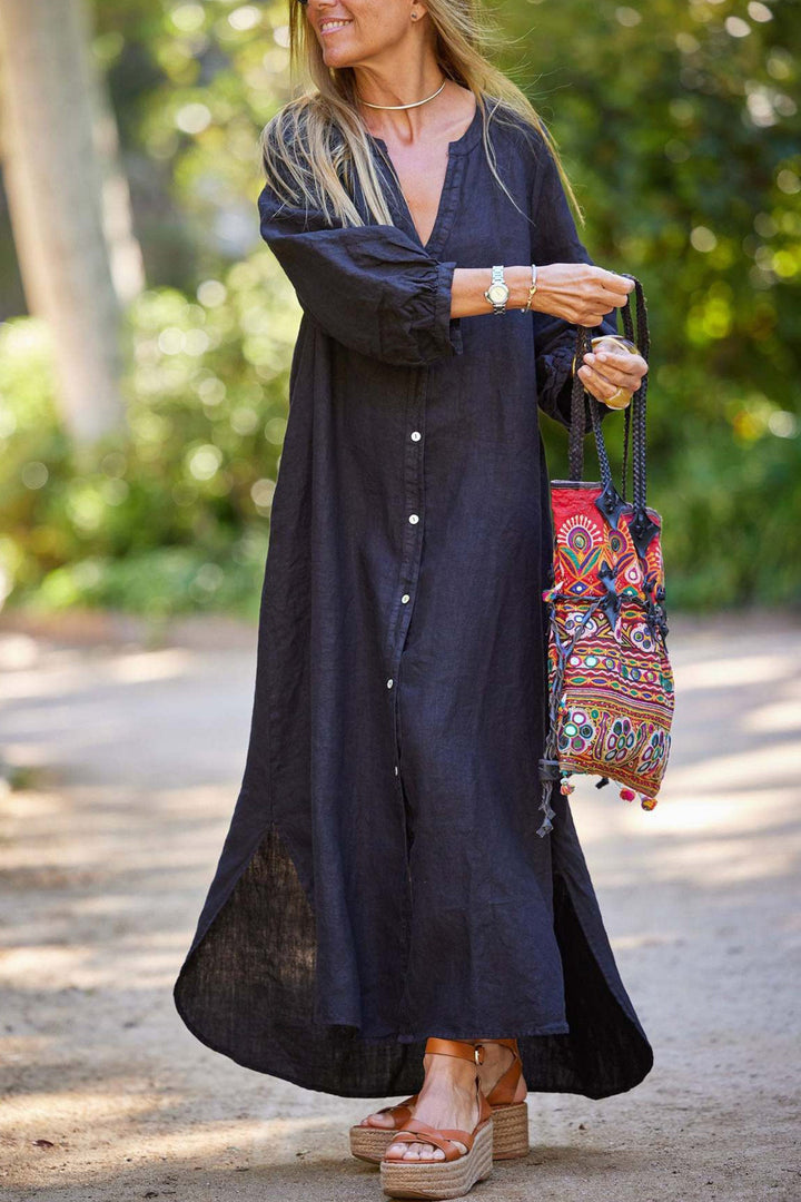 V Neck Single-breasted Long Sleeve Dress White · 2XL