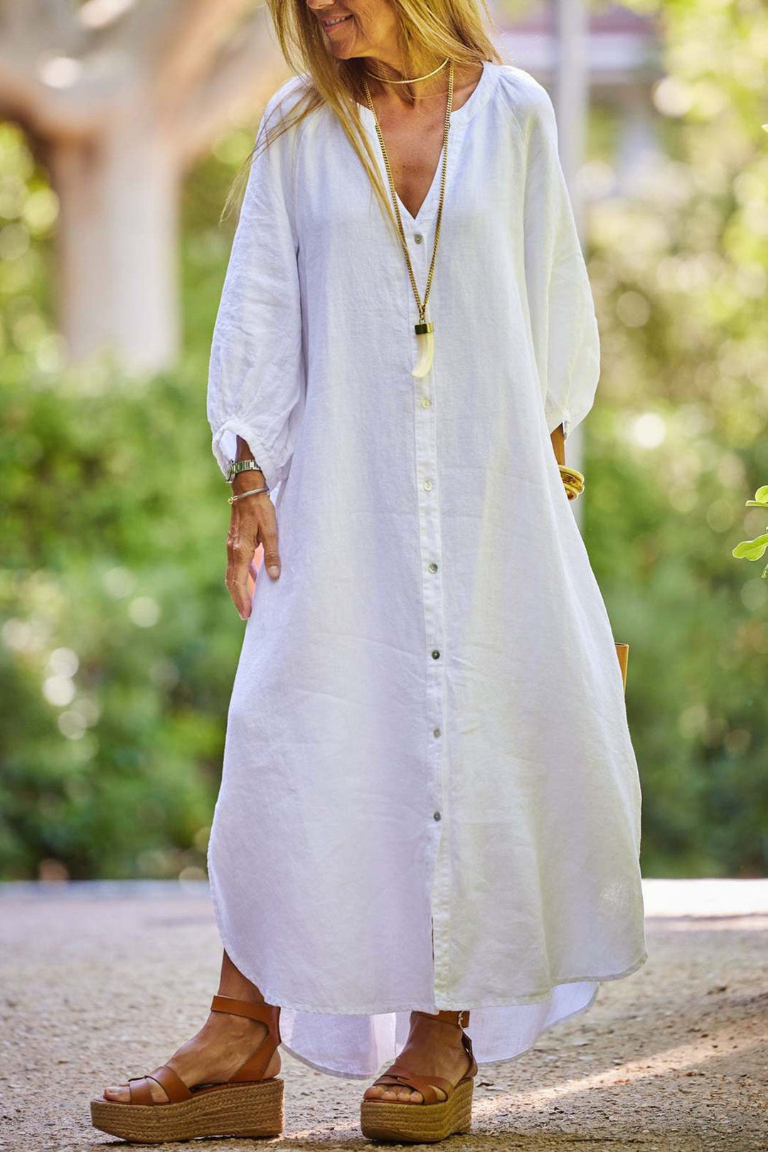 V Neck Single-breasted Long Sleeve Dress White · M
