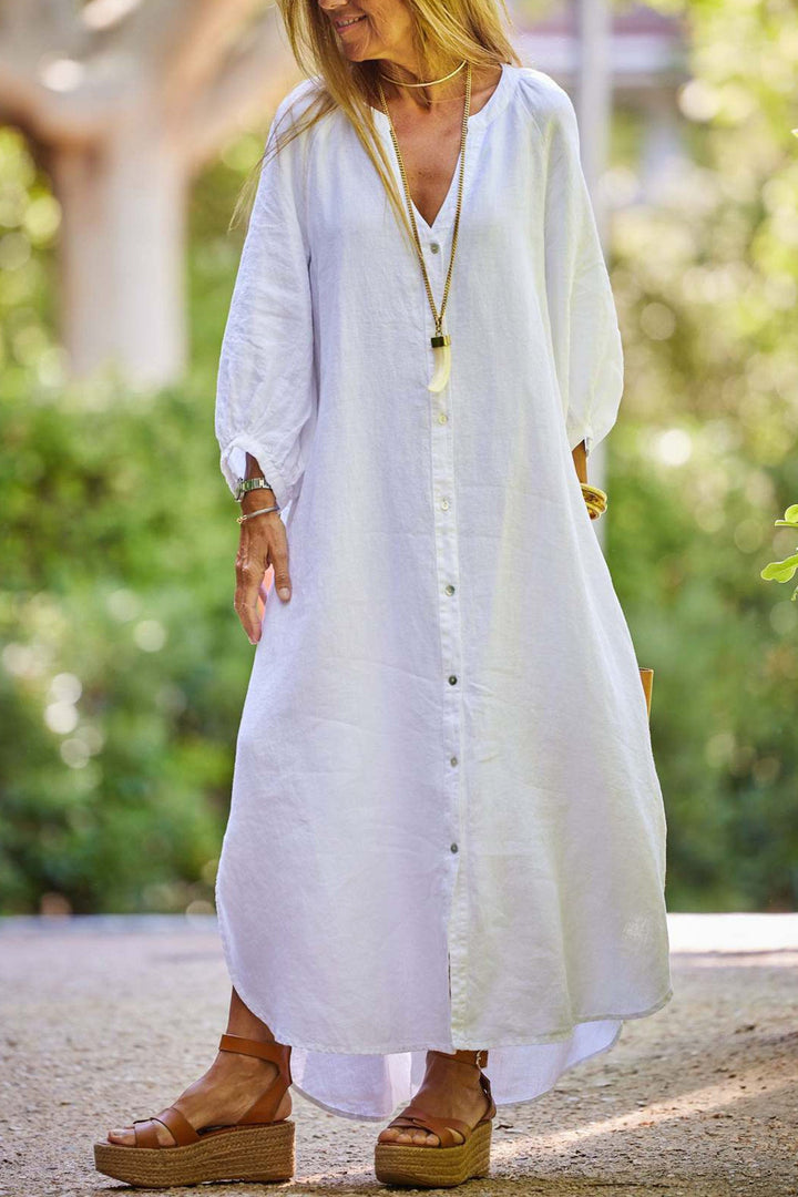 V Neck Single-breasted Long Sleeve Dress White · M