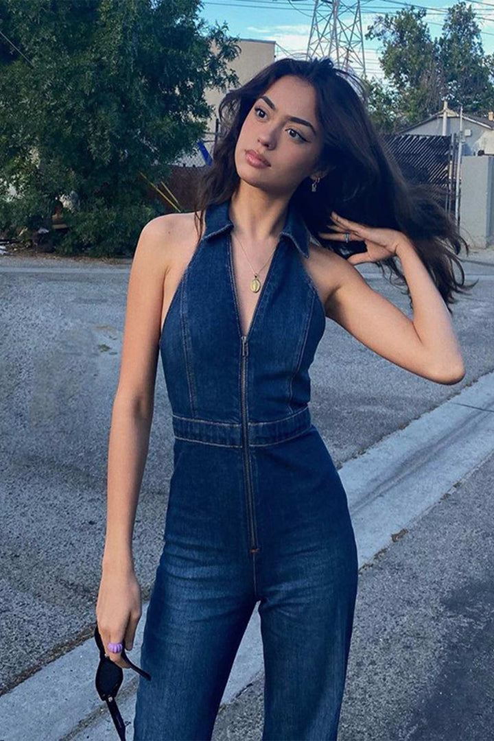 V Neck Sleeveless Denim Jumpsuits Blue · XL