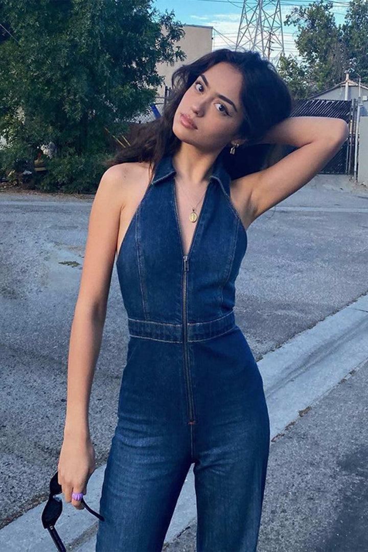 V Neck Sleeveless Denim Jumpsuits Blue · S