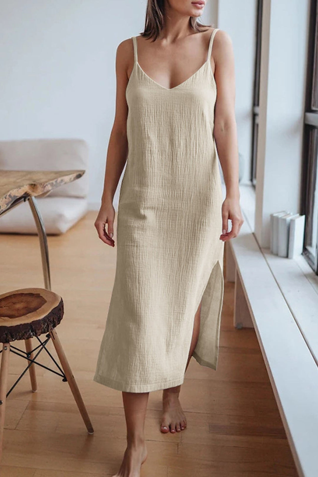 V Neck Slit Cotton Cami Dress