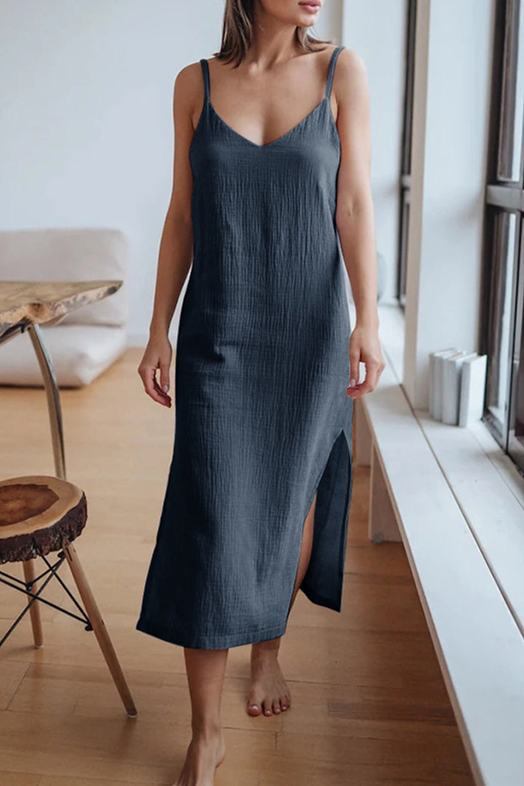 V Neck Slit Cotton Cami Dress Beige · XL