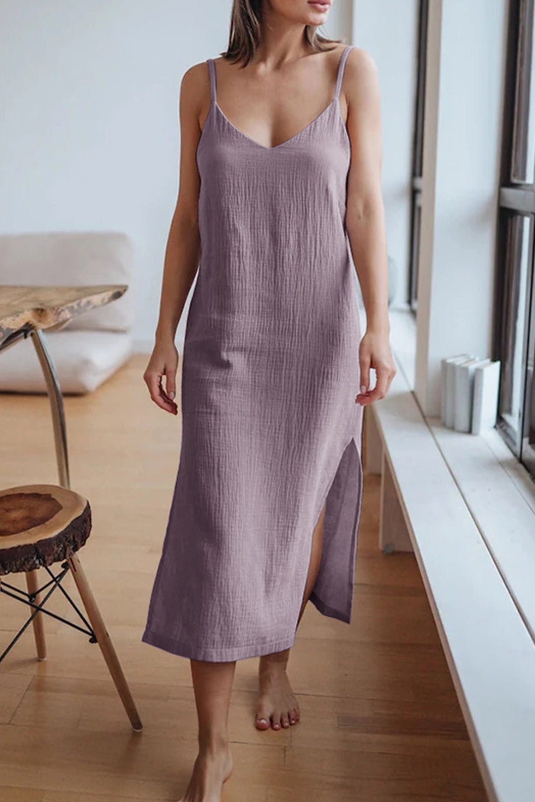 V Neck Slit Cotton Cami Dress Beige · L