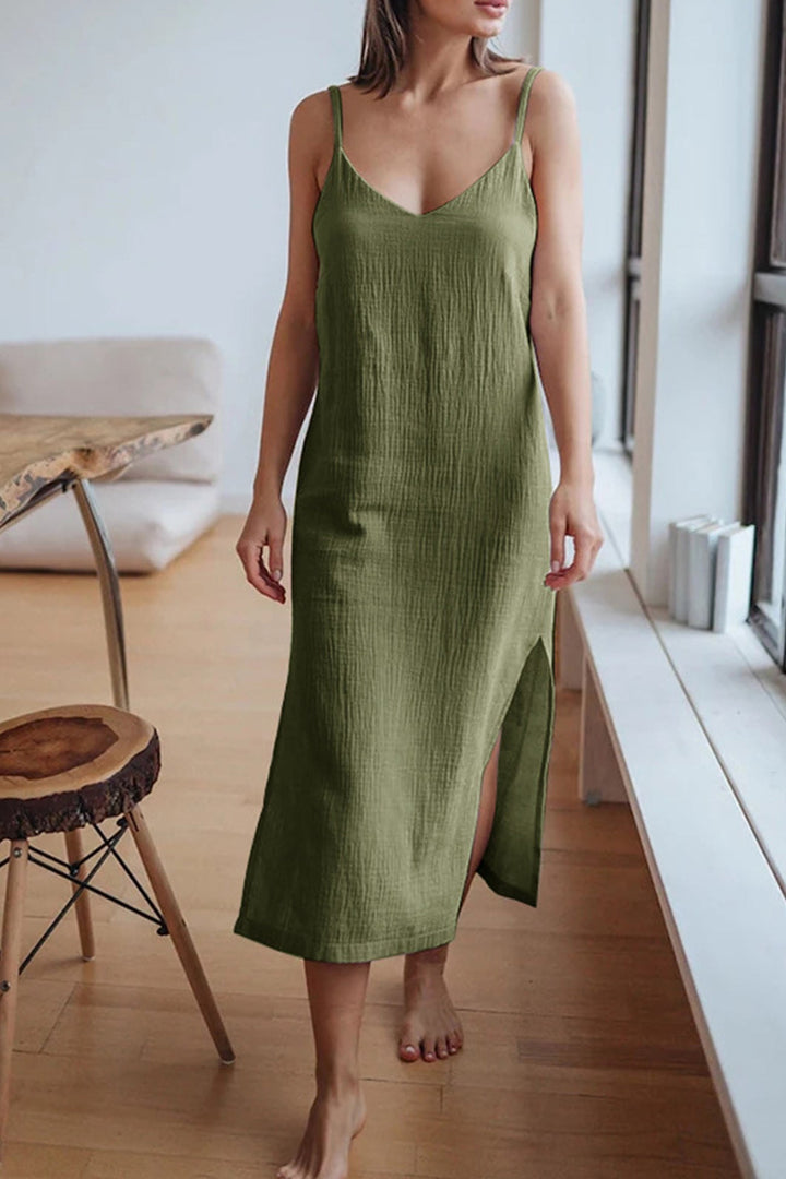 V Neck Slit Cotton Cami Dress Beige · S