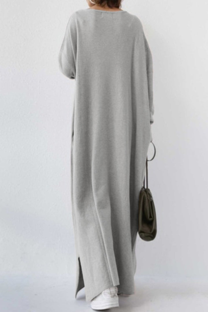V Neck Slit Hem Sweatshirt Dress Grey · M