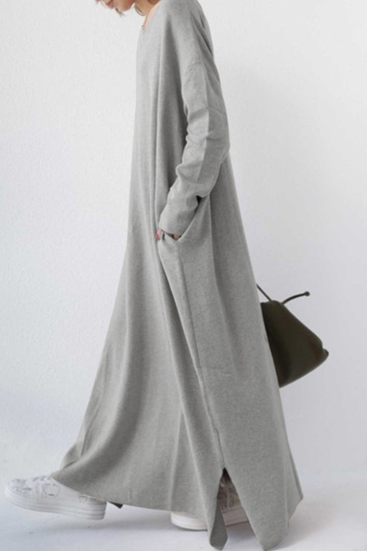 V Neck Slit Hem Sweatshirt Dress Grey · S