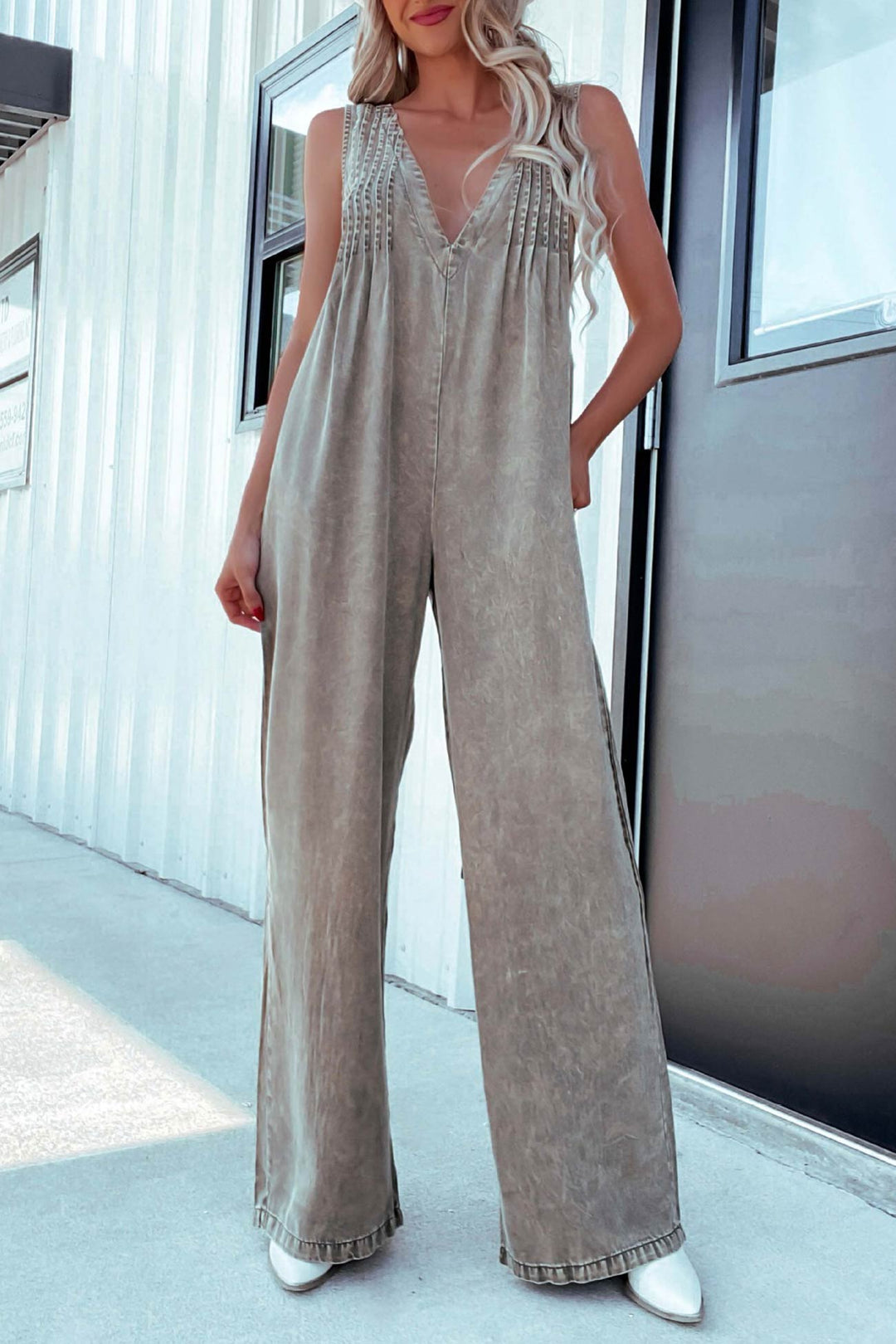 V Neck Smocked Backless Denim Jumpsuits Camel · S