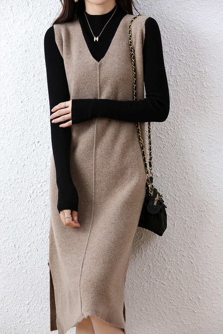 V Neck Solid Color Wool Tank Dress Dark Camel · M
