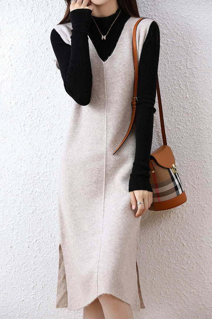 V Neck Solid Color Wool Tank Dress Black · M