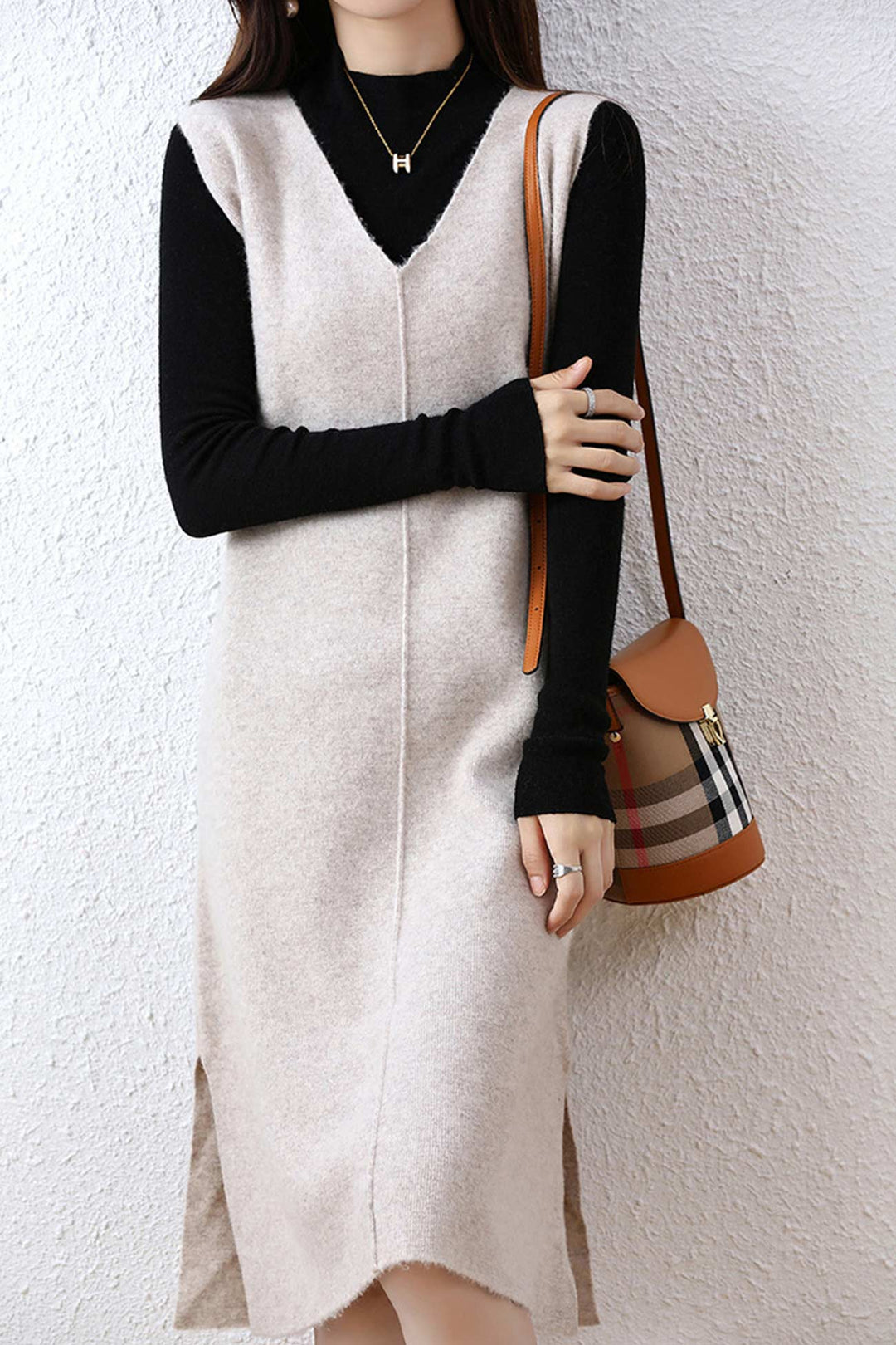V Neck Solid Color Wool Tank Dress Dark Camel · XXL