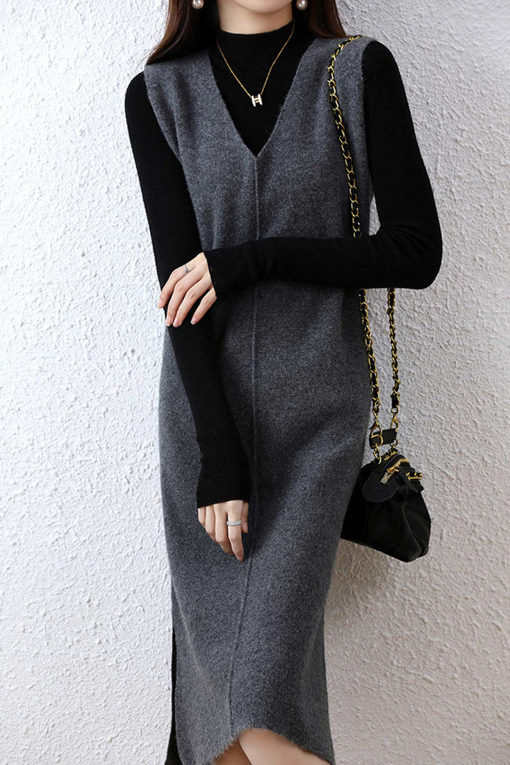 V Neck Solid Color Wool Tank Dress Black · L