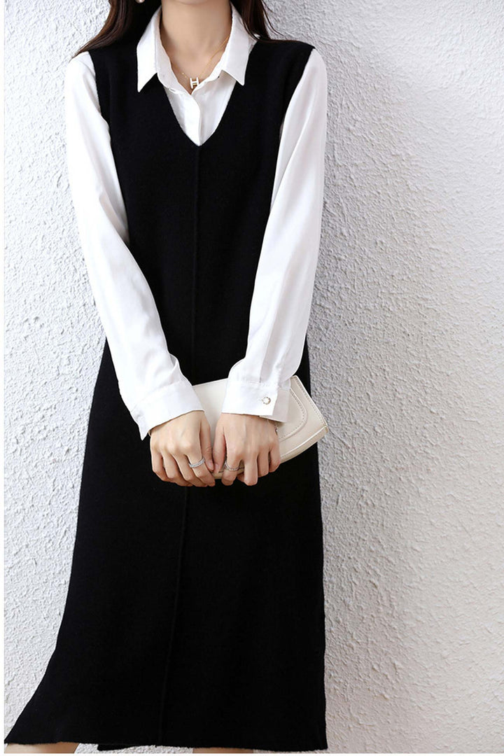 V Neck Solid Color Wool Tank Dress Dark Camel · L