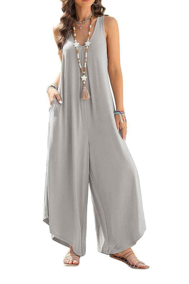 V Neck Solid Irregular Hem Cotton Jumpsuits Grey · L