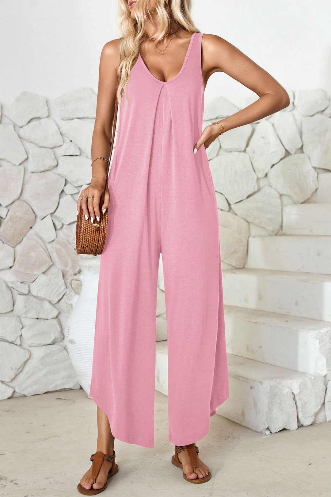 V Neck Solid Irregular Hem Cotton Jumpsuits Pink · M