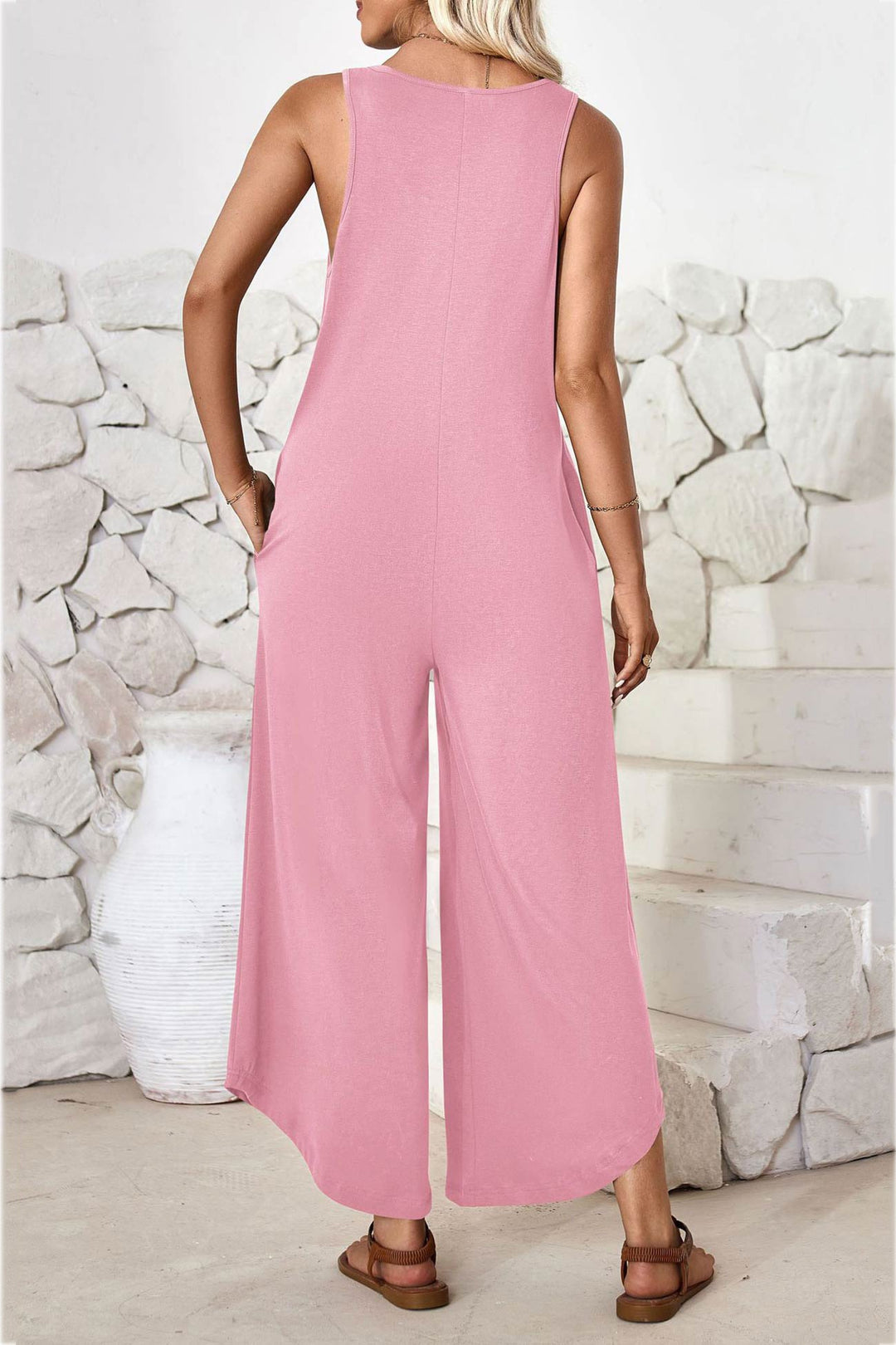V Neck Solid Irregular Hem Cotton Jumpsuits Pink · XL