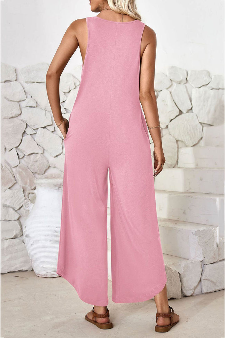V Neck Solid Irregular Hem Cotton Jumpsuits Pink · XL