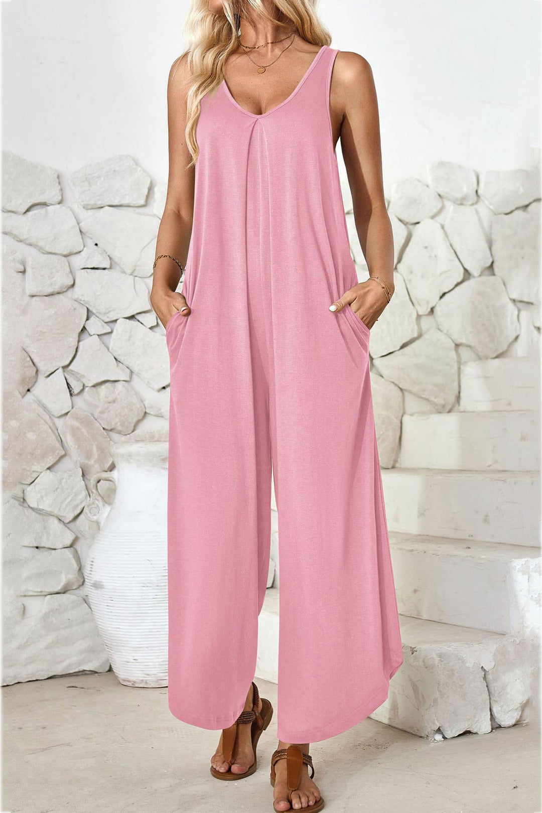 V Neck Solid Irregular Hem Cotton Jumpsuits Pink · S