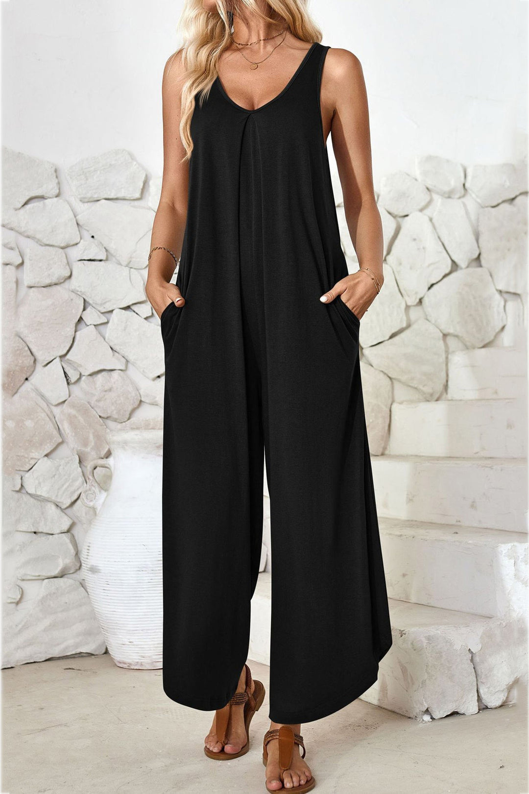 V Neck Solid Irregular Hem Cotton Jumpsuits Brown · M