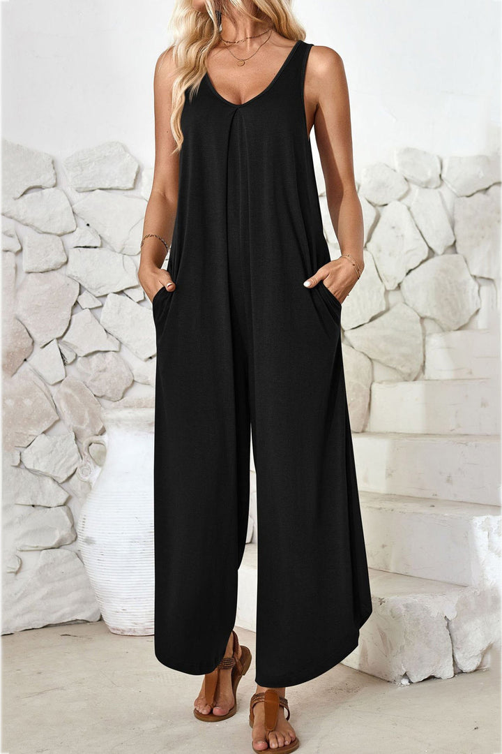 V Neck Solid Irregular Hem Cotton Jumpsuits Brown · M