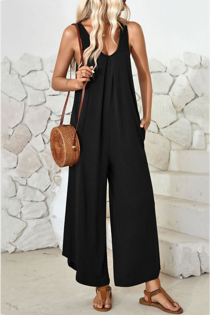 V Neck Solid Irregular Hem Cotton Jumpsuits Brown · L