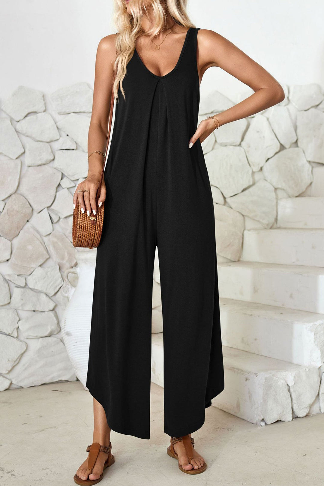 V Neck Solid Irregular Hem Cotton Jumpsuits Brown · XL