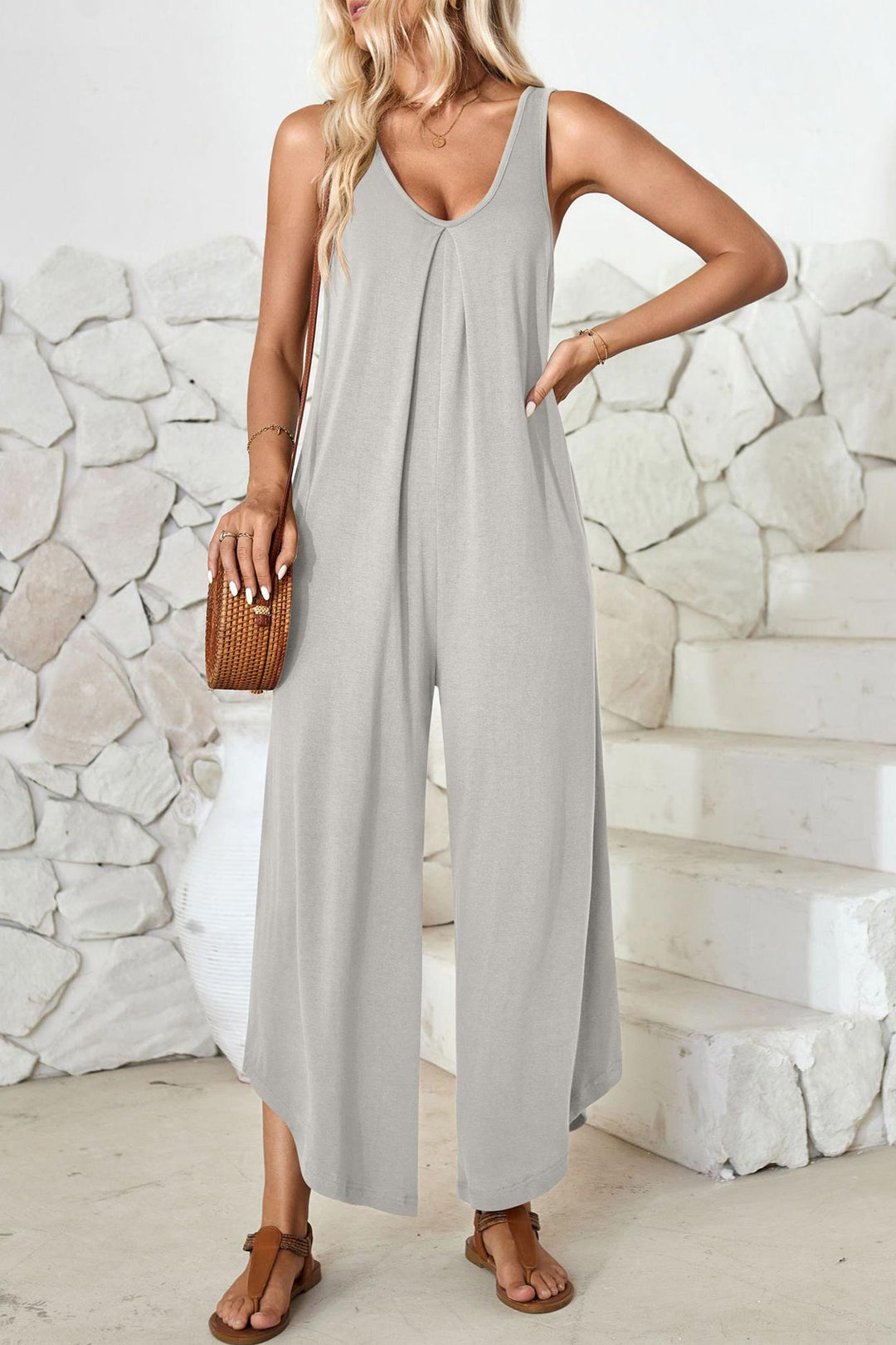 V Neck Solid Irregular Hem Cotton Jumpsuits Grey · XL