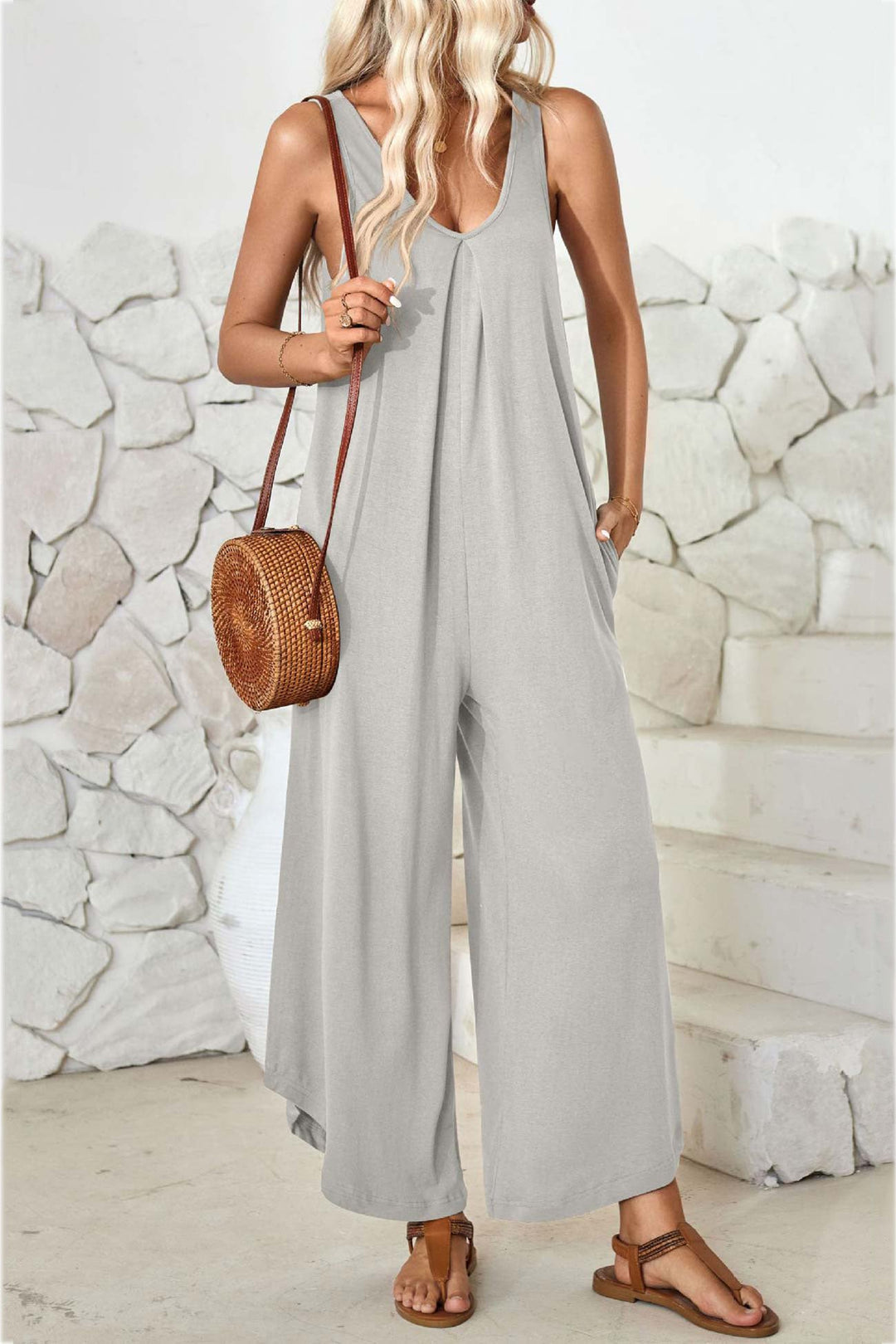 V Neck Solid Irregular Hem Cotton Jumpsuits Black · L